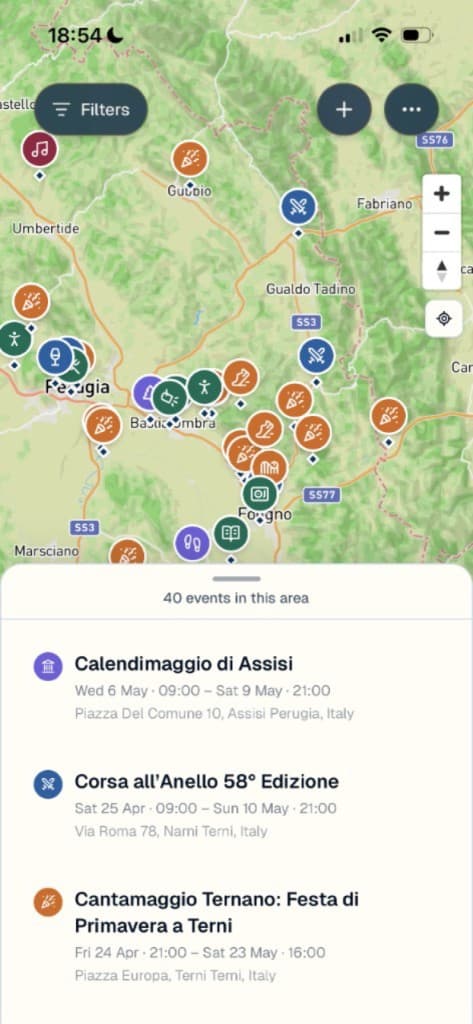 MiaMapa App mit Events auf einer Karte und in einem unteren Bereich